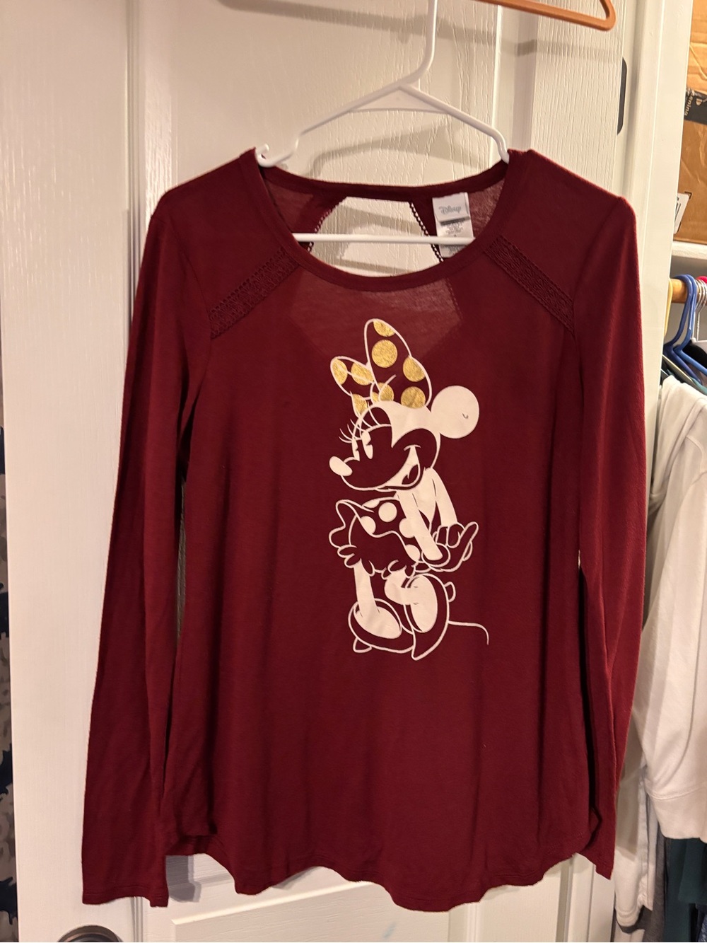 Disney Burgundy Long-Sleeve Minnie Mouse Top with Gold Bow